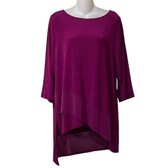 NWT Chico's Travelers Women's Magenta Stretch Knit Tunic Asymmetrical 3/4 Sleeve - Picture 1 of 11